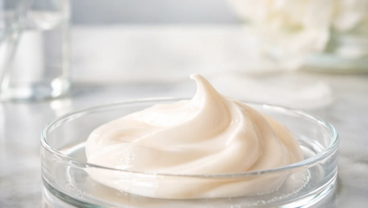 Creamy skincare product with soft texture in a glass dish on a marble surface.